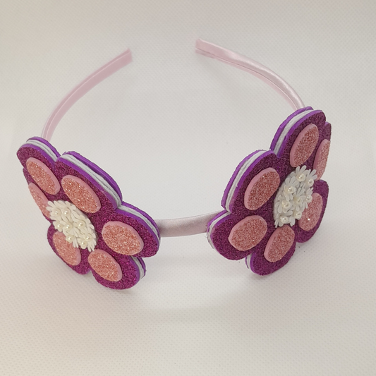 Adorable Two-Flower Purple Headband – Handmade Girls’ Hair Accessory with Pearl Detail