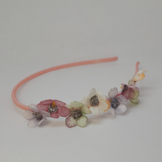 Boutique Pastel Headband for Girls – Partially Adorned with Delicate Artificial Flowers on a Sleek Plastic Band