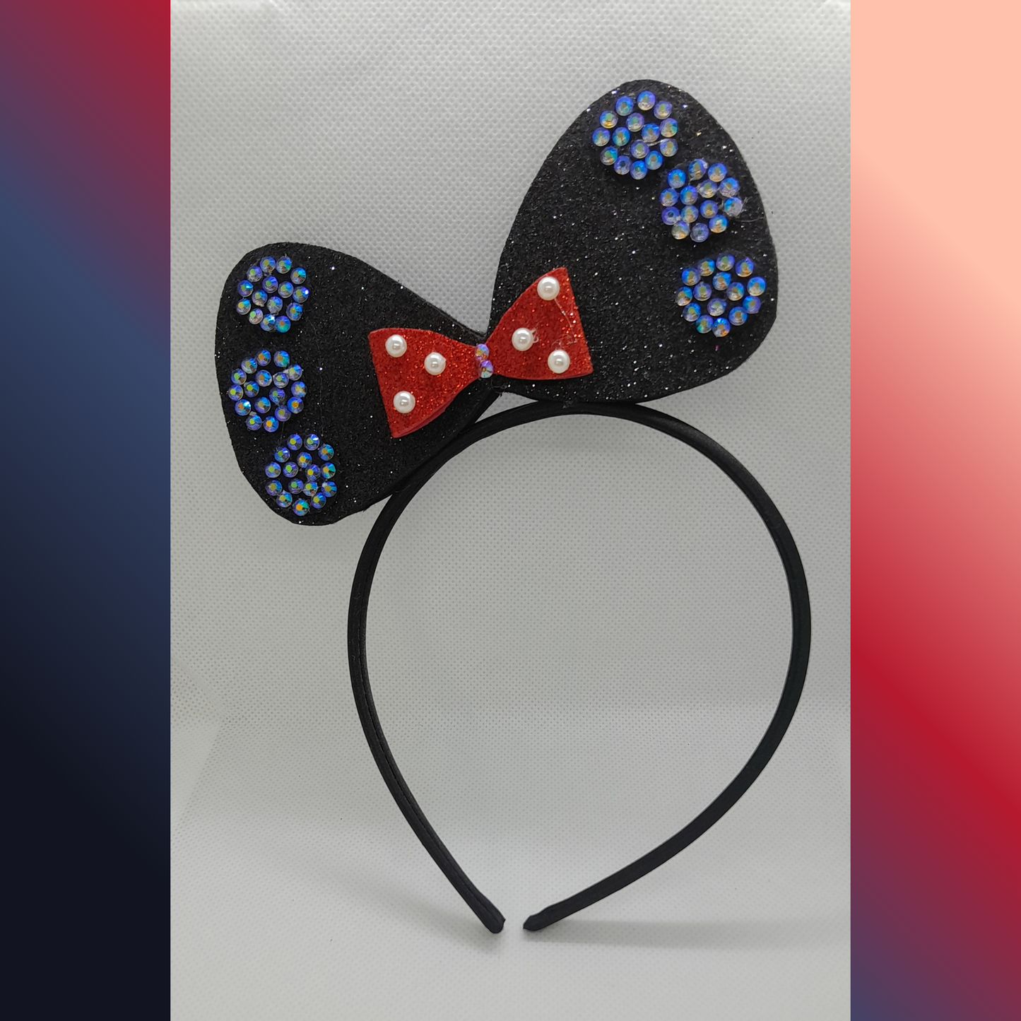 Sparkly Adorable Minnie Mouse Party Headband – Red & Black, Pearls & Sparkly Rhinestones for Little Girls