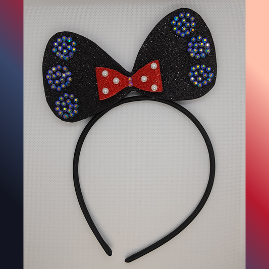 Sparkly Adorable Minnie Mouse Party Headband – Red & Black, Pearls & Sparkly Rhinestones for Little Girls