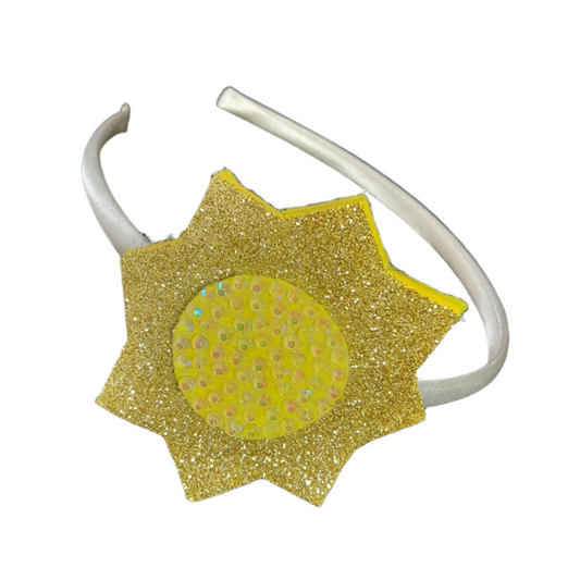 Handmade Glitter Sun Headband for Kids – Yellow & Gold Sparkly Hair Accessory