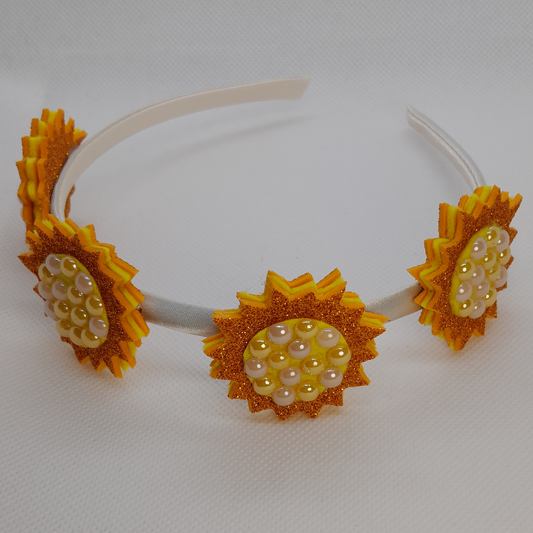 Luxe Satin Headband for Girls with 4 Radiant Suns – Vibrant Orange & Yellow Glow, Adorned with Sparkling Ceramic Stones