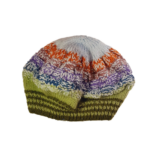 Handmade Multicolor Wool Beanie for Women – Green, Blue, Orange & Purple Knit Hat