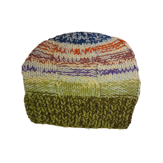 Handmade Multicolor Wool Beanie for Women – Stylish Green, Blue, Orange & Purple Knit Hat