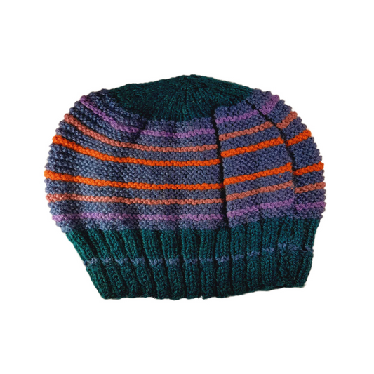 Women’s Navy Blue, Purple & Orange Wool Beanie – Handcrafted Winter Hat