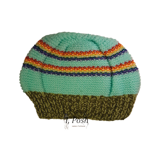Women’s Blue-Green Multicolor Wool Beanie – Handcrafted Cozy Winter Hat