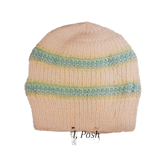 Baby Pink, Blue & Yellow Wool Beanie – Handcrafted Soft Winter Hat