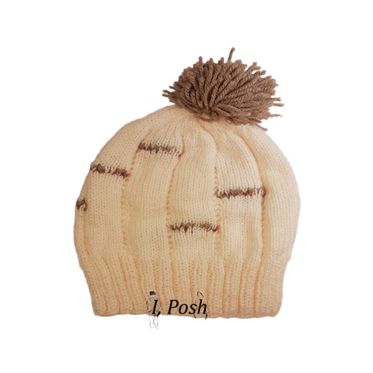 Kids' Wool Beanie in Off-White and Beige with Brown Pom-Pom – Soft Ribbed Winter Hat