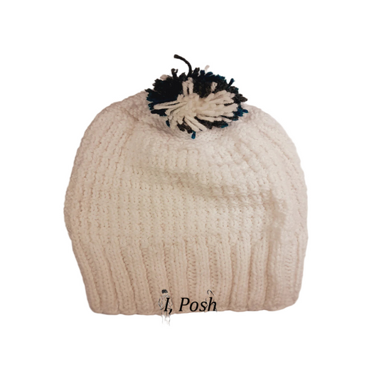 Handmade Multicolor Wool Beanie for Women – Soft White Knit Winter Hat