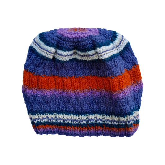 Handmade Wool Beanie for Kids – Blue, Orange & Purple Striped Winter Hat