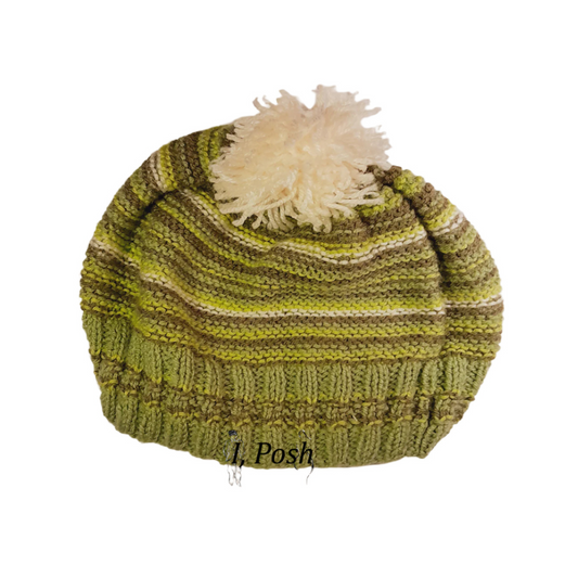Kids’ Green & White Wool Beanie – Handcrafted Winter Hat for Boys & Girls