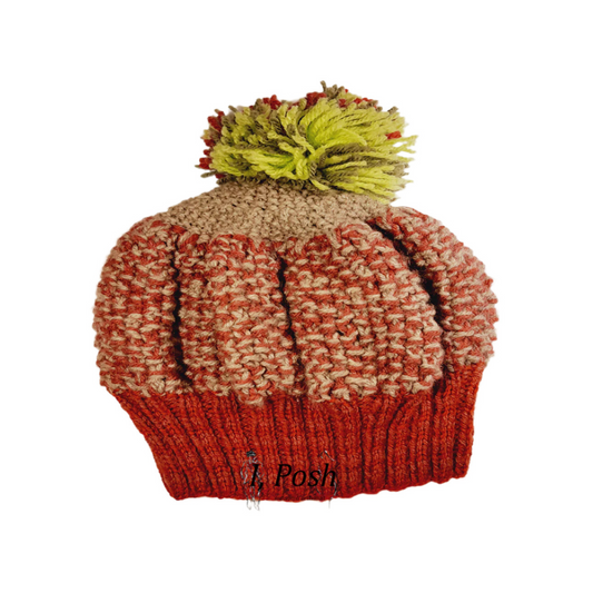 Women’s Burgundy, Beige & Green Wool Beanie – Handcrafted Cozy Winter Hat