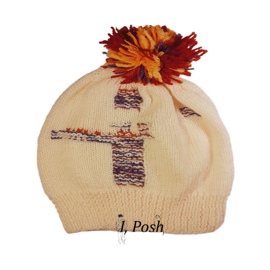 Kids’ Handcrafted Off-White Multicolor Wool Beanie – Cozy & Stylish Winter Accessory