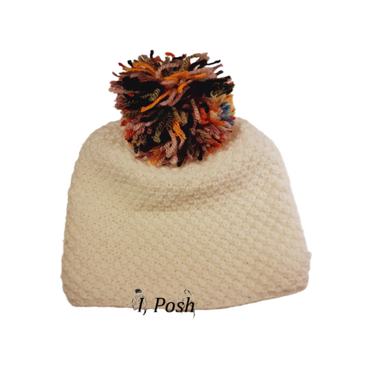 Handmade Kids' Wool Beanie – White with Multicolor Stripes – Cozy & Stylish Winter Hat