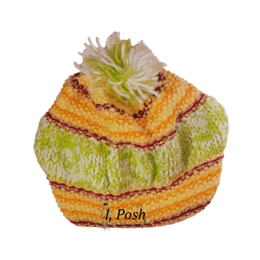 Handmade Colorful Wool Beanie for Kids – Green, Yellow, Orange & Pink Knit Winter Hat