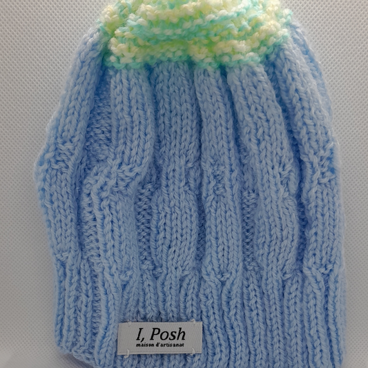 Handmade Pastel Blue Wool Beanie for Kids – Striped & Cozy