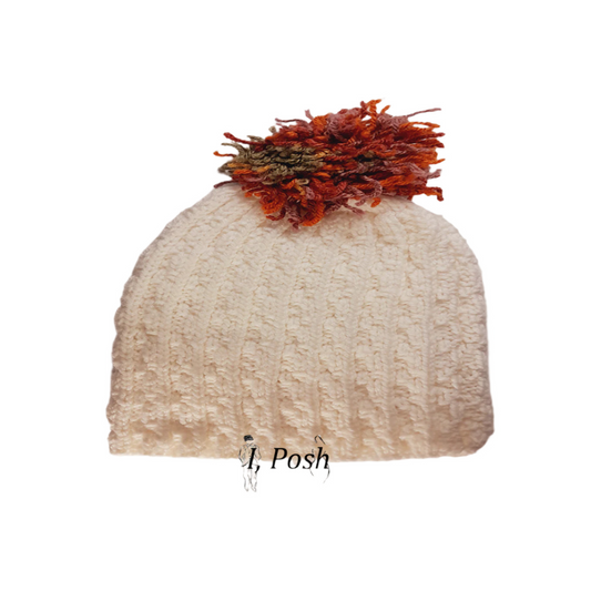 Handmade White & Multicolor Wool Beanie – Cozy Knit Hat for Kids