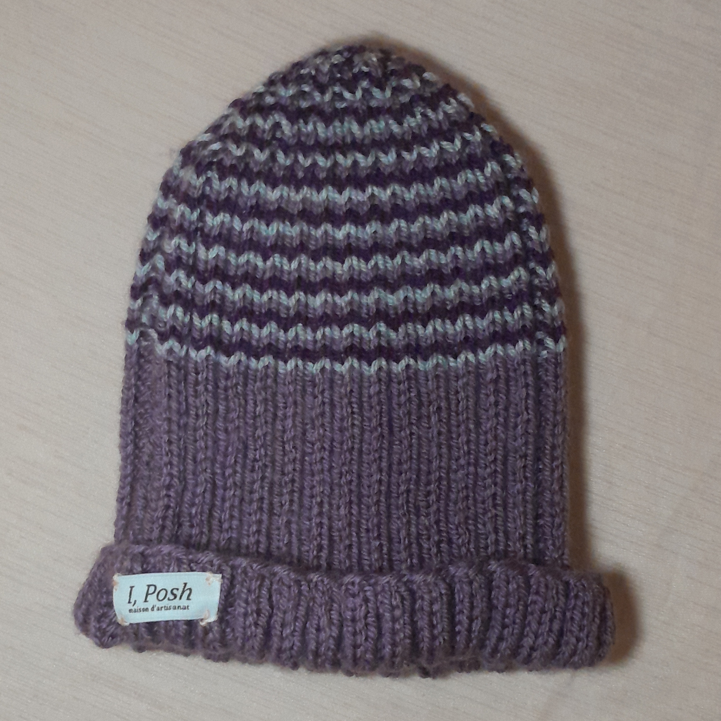 Handmade Aubergine Wool Beanie with Purple & Grey Stripes – Women’s Winter Hat