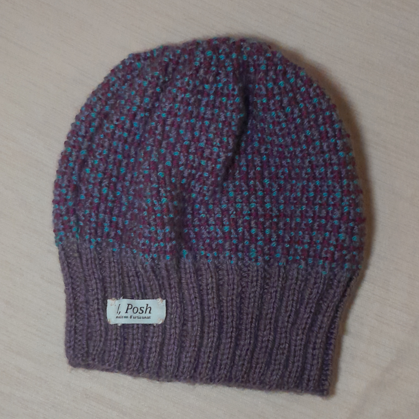 Elegant Handmade Wool Beanie in Purple with Grey & Dark Purple Stripes – Women’s Winter Accessory