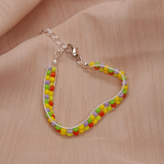 Bright & Cheerful 3-Thread Beaded Bracelet in Yellow, Red, Green & Lilac – Perfect for Little Girls
