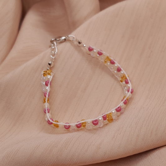 Radiant Handmade 3-Thread Bracelet with Pink Beads, Ivory Pearls & Golden Glow for Women