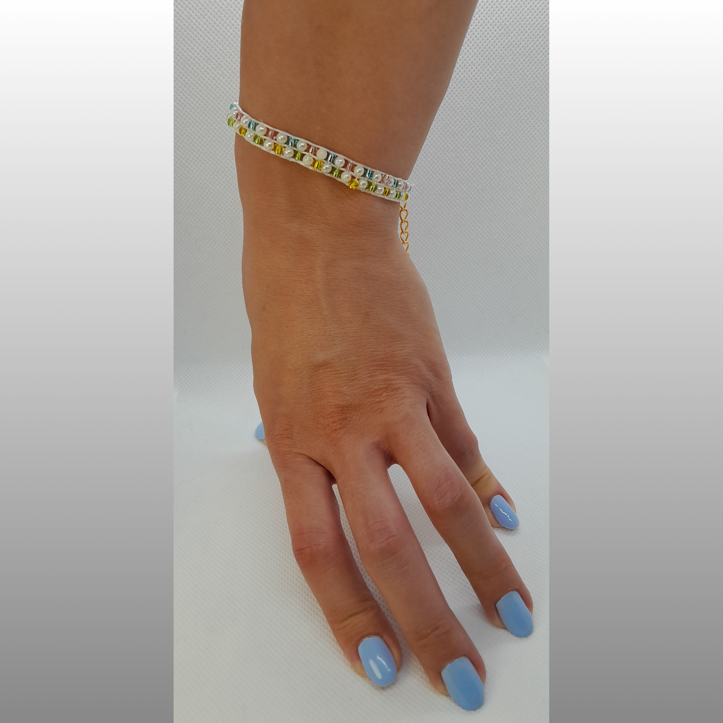 Elegant Handmade 3-Thread Bracelet with Mint Green, Ivory Pearls & Soft Pastel Beads