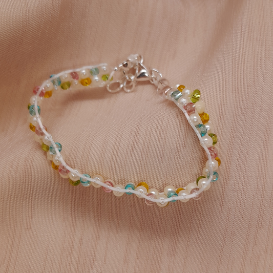 Elegant Handmade 3-Thread Bracelet with Mint Green, Ivory Pearls & Soft Pastel Beads