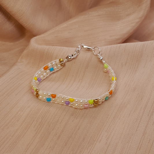 Elegant 3-Strand Handmade Bracelet for Women – Pastel Seed Beads & Ivory Faux Pearls – Delicate Artisan Jewelry