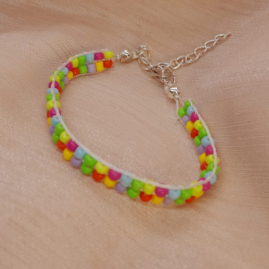 Elegant Pastel Charm Bracelet for Girls – 3 Luxe Threads in Soft Green, Blush Pink, Sunny Yellow & Tangerine – Whimsical Handmade Accessory