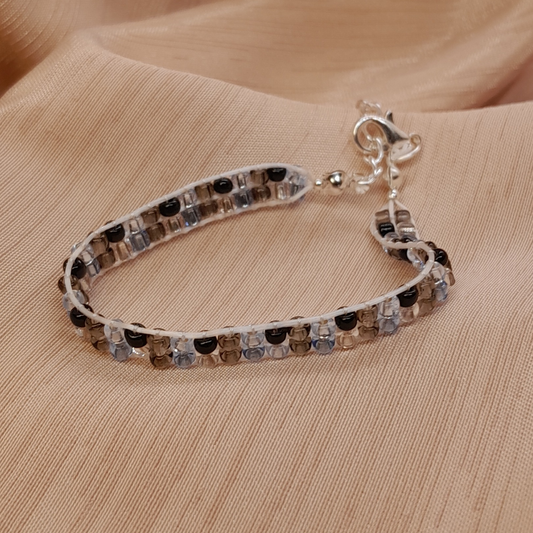 Elegant Triple-Strand Handmade Bracelet in Monochrome Tones – Grey, Black & Transparent Beads – Chic Artisan Jewelry for Women
