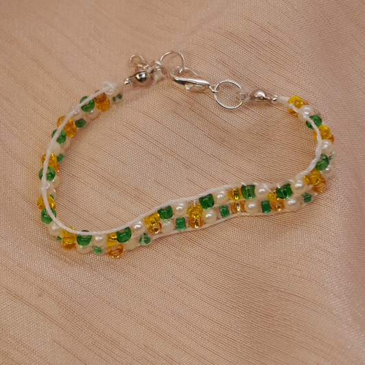 Elegant Double-Strand Seed Bead Bracelet – Hazel, Mustard & Ivory Pearl Tones for Women