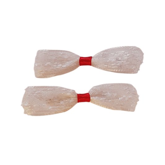 Set of 2 White Jute Bow Hair Clips with Red Satin Tie – Rustic Holiday Hair Accessories for Girls & Women