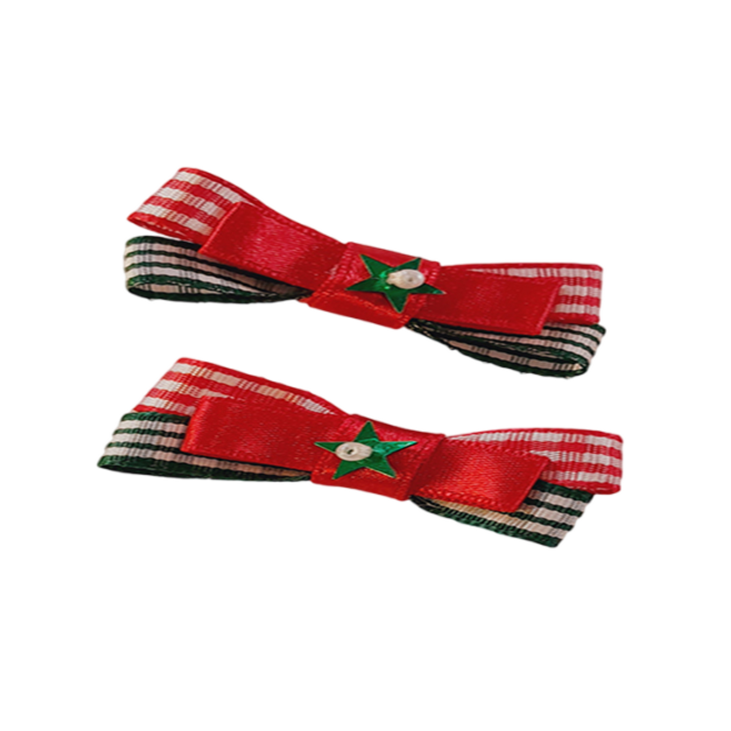 Pair of Christmas Green & Red Felt Bow Hair Clips with Star Accent – Festive Holiday Hair Accessories for Girls