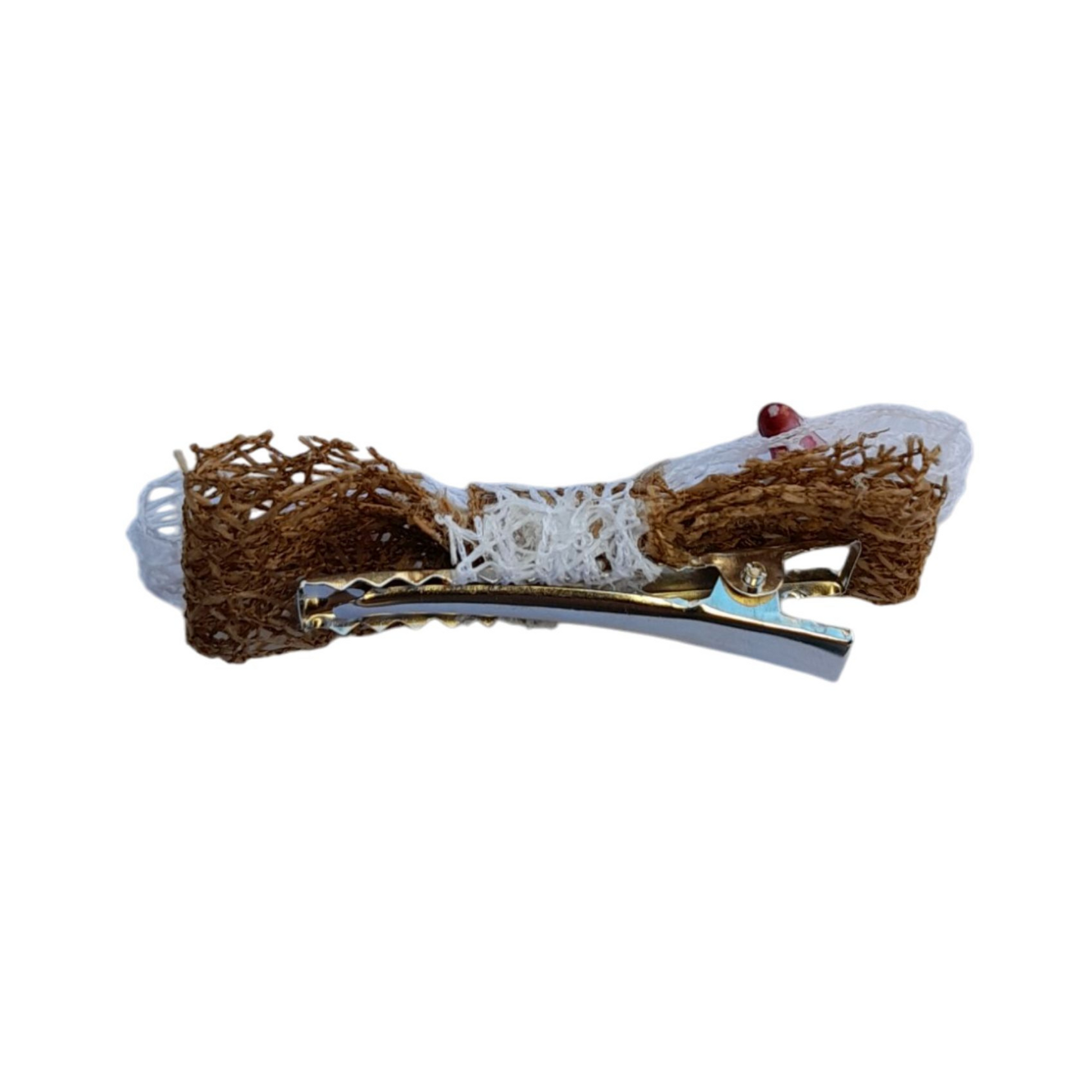 Handcrafted White Jute Bow Hair Clip with Colorful Beads – Cute Accessory for Girls