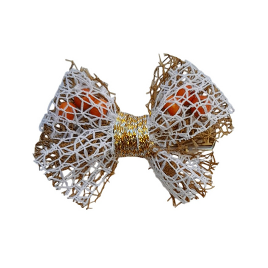 Two-Tone White & Natural Jute Bow Hair Clip – Rustic Long-Tail Barrette for Girls