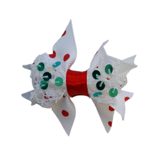 Polka Dot White Satin Bow with Jute & Paillettes – Elegant Hair Accessory