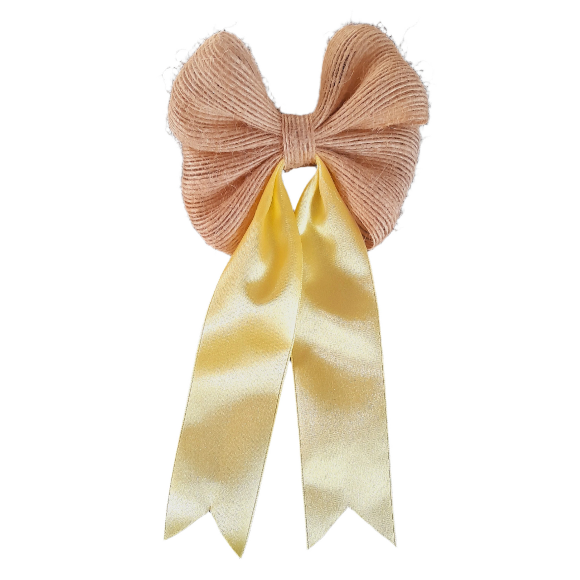 Jute Bow Hair Clip with Yellow Satin Tail – Elegant Rustic Barrette for Women & Girls