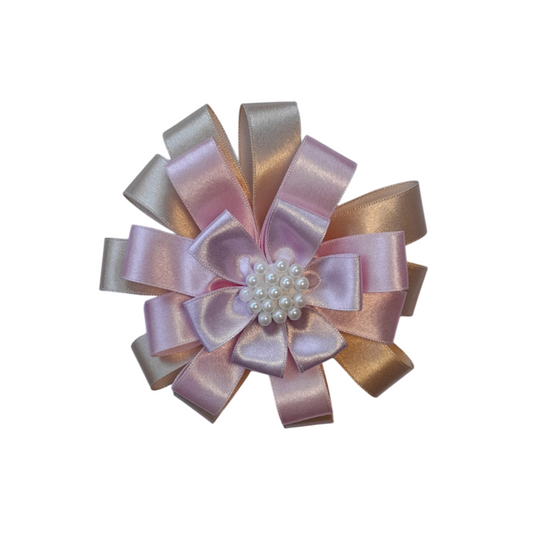 Purple & Gold Satin Bow Hair Clip for Women – Centered Faux Pearl Detail