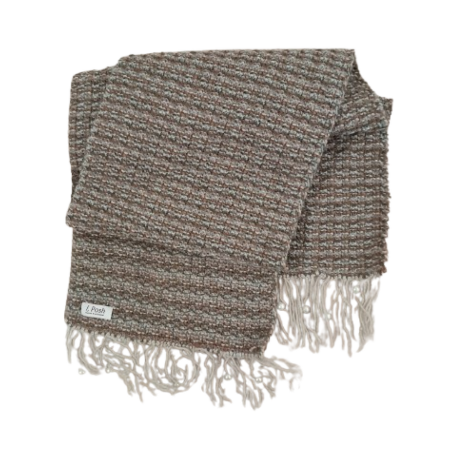 Handmade Wool Scarf with Faux Pearls on Off-White Tassels – Pink, Hazel, Blue & Off-White – Elegant Winter Wrap for Women