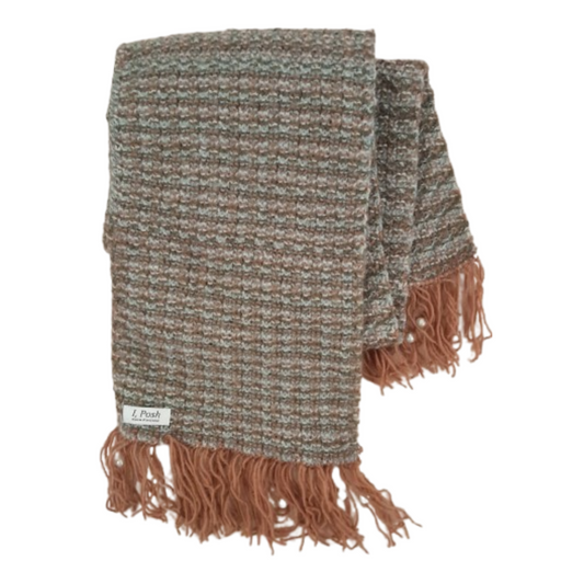 Handmade Wool Scarf with Faux Pearls on Pink Tassels – Pink, Hazel, Blue & Off-White – Elegant Winter Wrap for Women