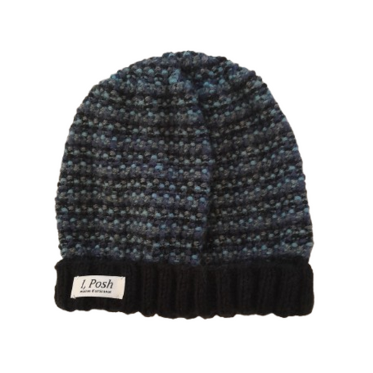 Men's Wool Blend Beanie – Black, Blue, Navy & Grey Striped Knit Hat