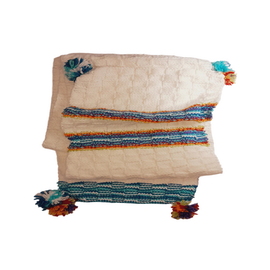 Women’s White, Blue & Multicolor Wool Scarf – Handcrafted Cozy Winter Accessory