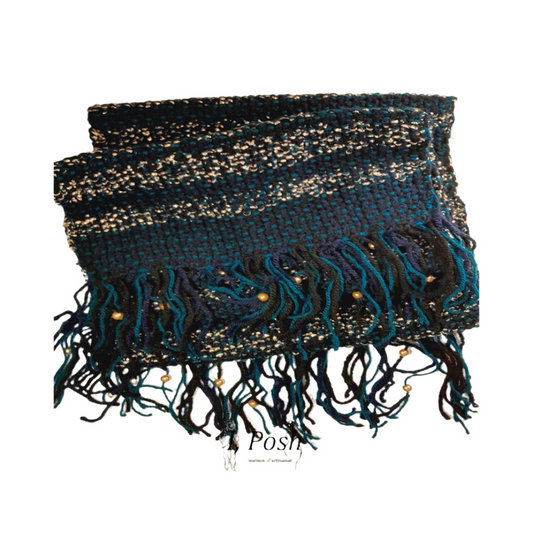 Elegant Black & Navy Wool Scarf with Gold Thread & Faux Pearls – Luxurious Winter Accessory for Women