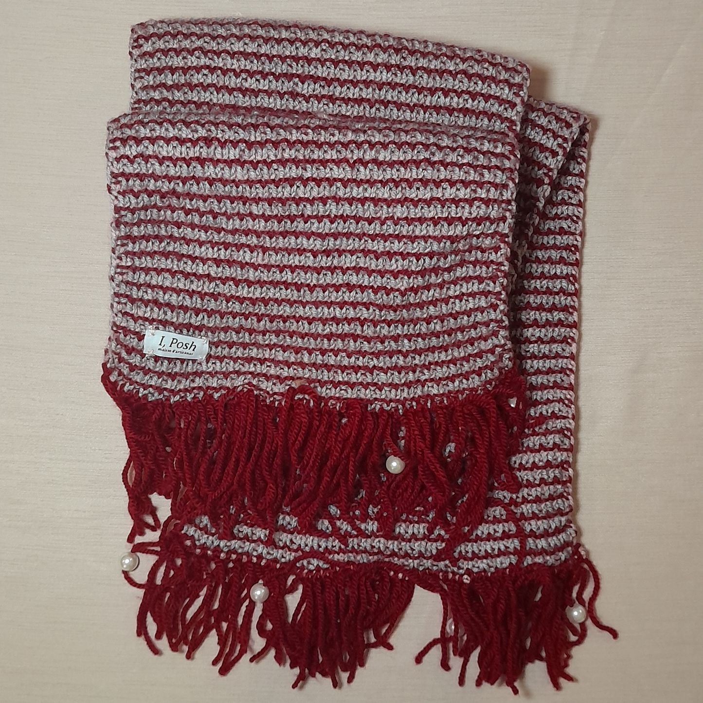 Handmade Red & Light Grey Wool Scarf with Pearl-Garnished Tassels – Elegant Women’s Winter Accessory