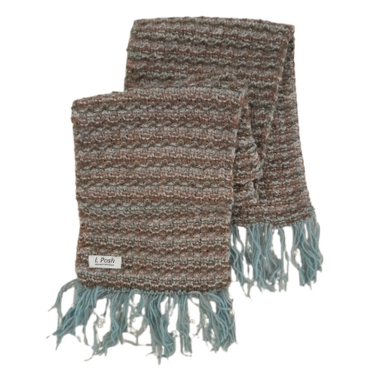Handmade Wool Scarf with Faux Pearls on Blue Tassels – Pink, Hazel, Blue & Off-White – Elegant Winter Wrap for Women