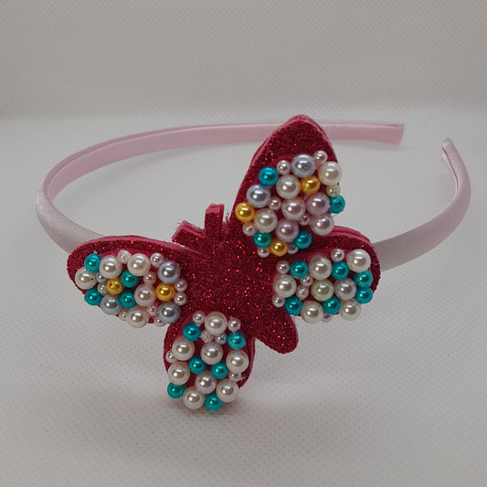 Fairy-Tale Sparkling Butterfly Headband – Fuchsia with Colorful Faux Pearls for Little Girls