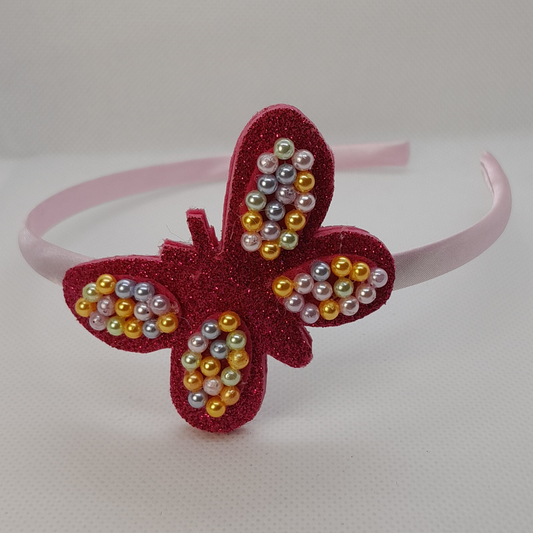Fairy-Tale Sparkling Butterfly Headband – Fuchsia with Multicolor Faux Pearls for Little Girls