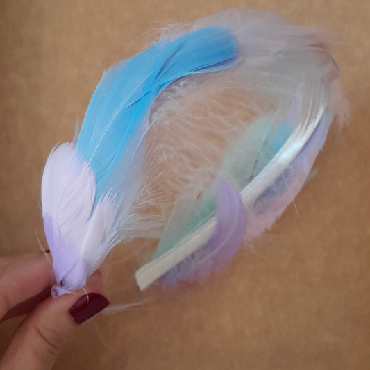 Handmade Satin Headband with Pastel Feathers – Green, Purple & Pink Hair Accessory for Girls