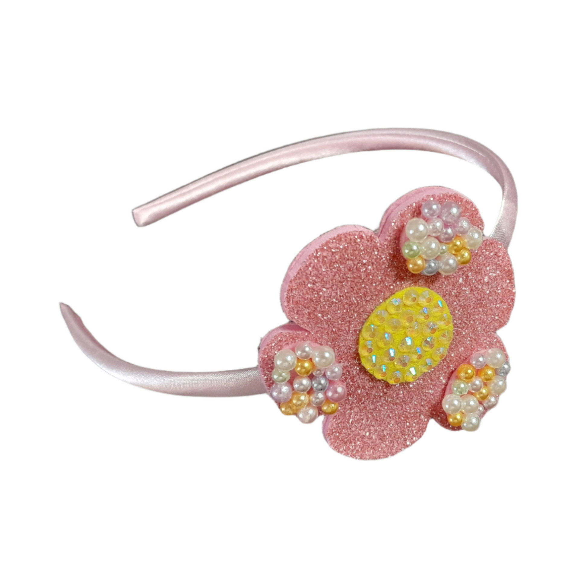 Handmade Pink Flower Headband with Glitter, Faux Pearls & Resin Rhinestones – Elegant Hair Accessory for Girls