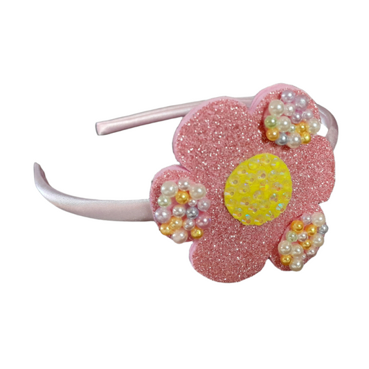 Handmade Pink Flower Headband with Glitter, Faux Pearls & Resin Rhinestones – Elegant Hair Accessory for Girls
